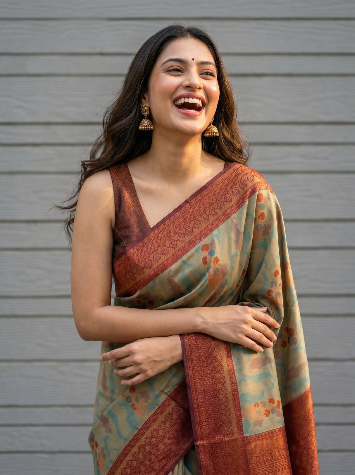 MIMOSA Chiku Pochampally Art Silk Saree — Saree pallu flowing detail