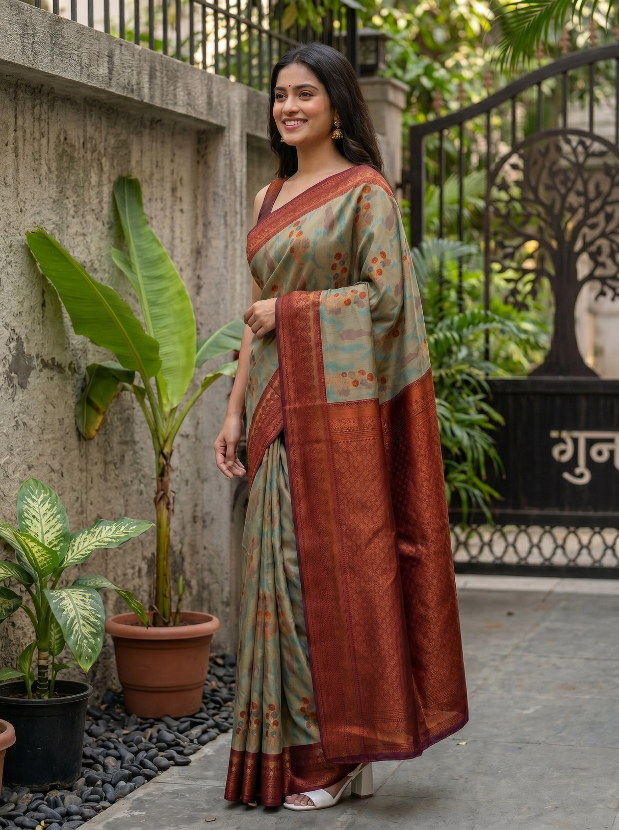 MIMOSA Chiku Pochampally Art Silk Saree — Model smiling close-up