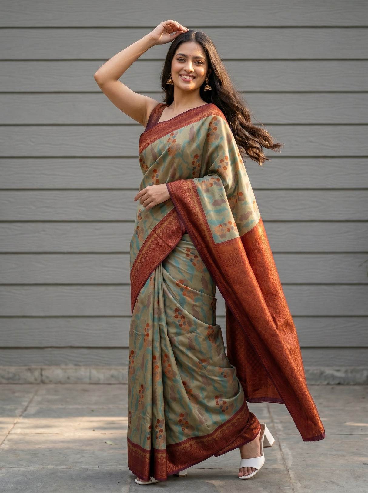 MIMOSA Chiku Pochampally Art Silk Saree — Saree pleats and border detail