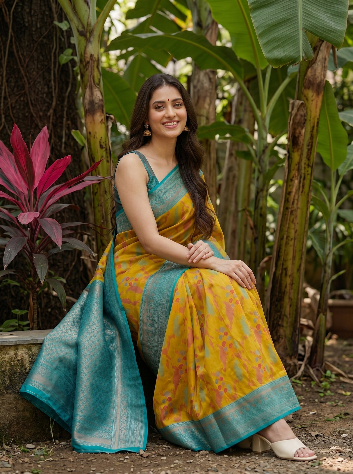 MIMOSA Olive Pochampally Art Silk Saree — Saree body and hand detail