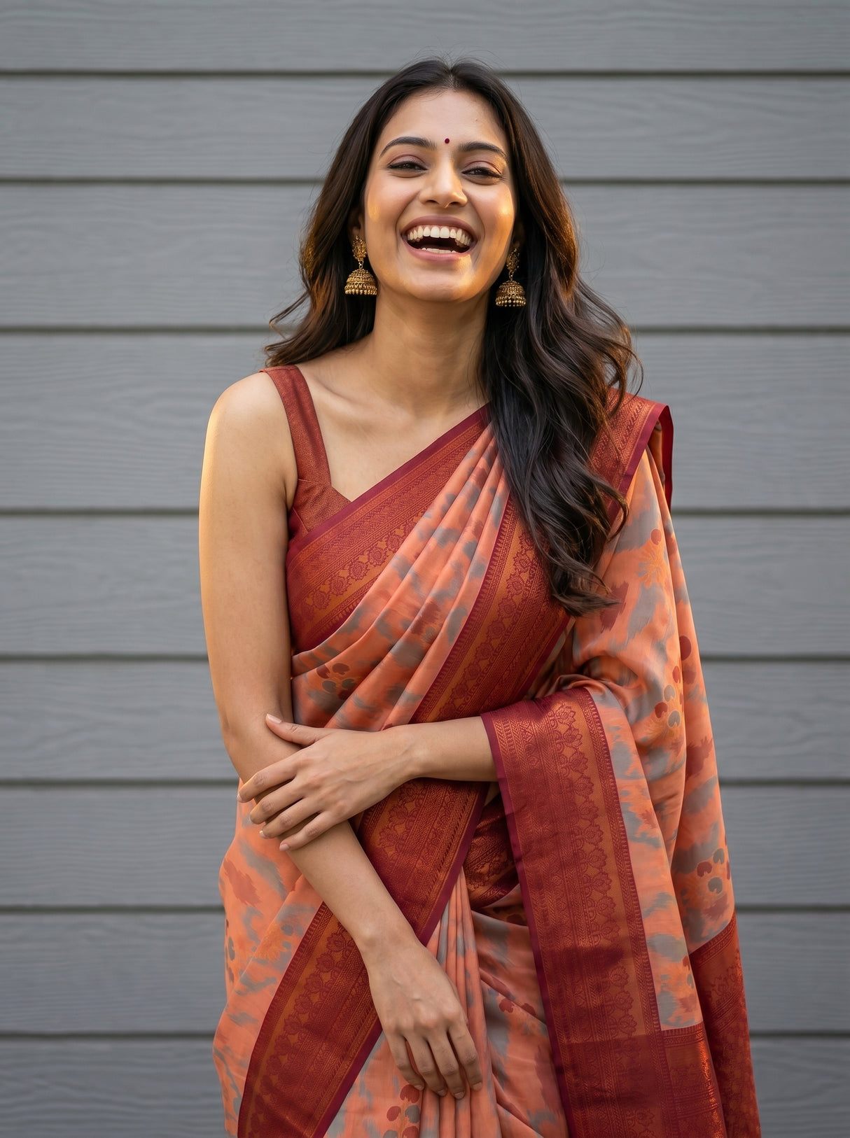 MIMOSA Peach Pochampally Art Silk Saree — Saree pleats and border detail