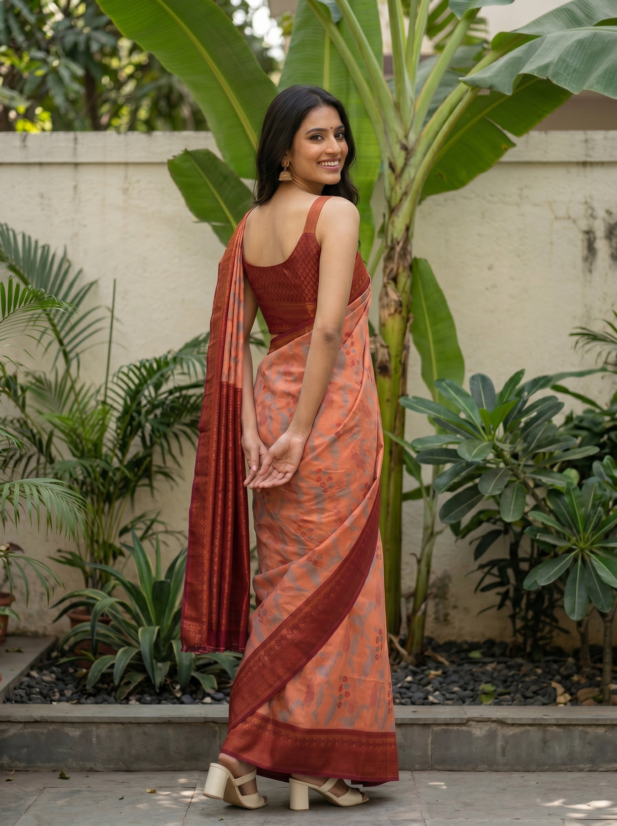 MIMOSA Peach Pochampally Art Silk Saree — Saree body and hand detail
