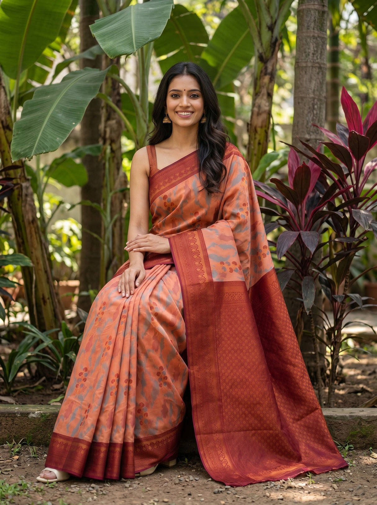 MIMOSA Peach Pochampally Art Silk Saree — Saree pallu and gate detail