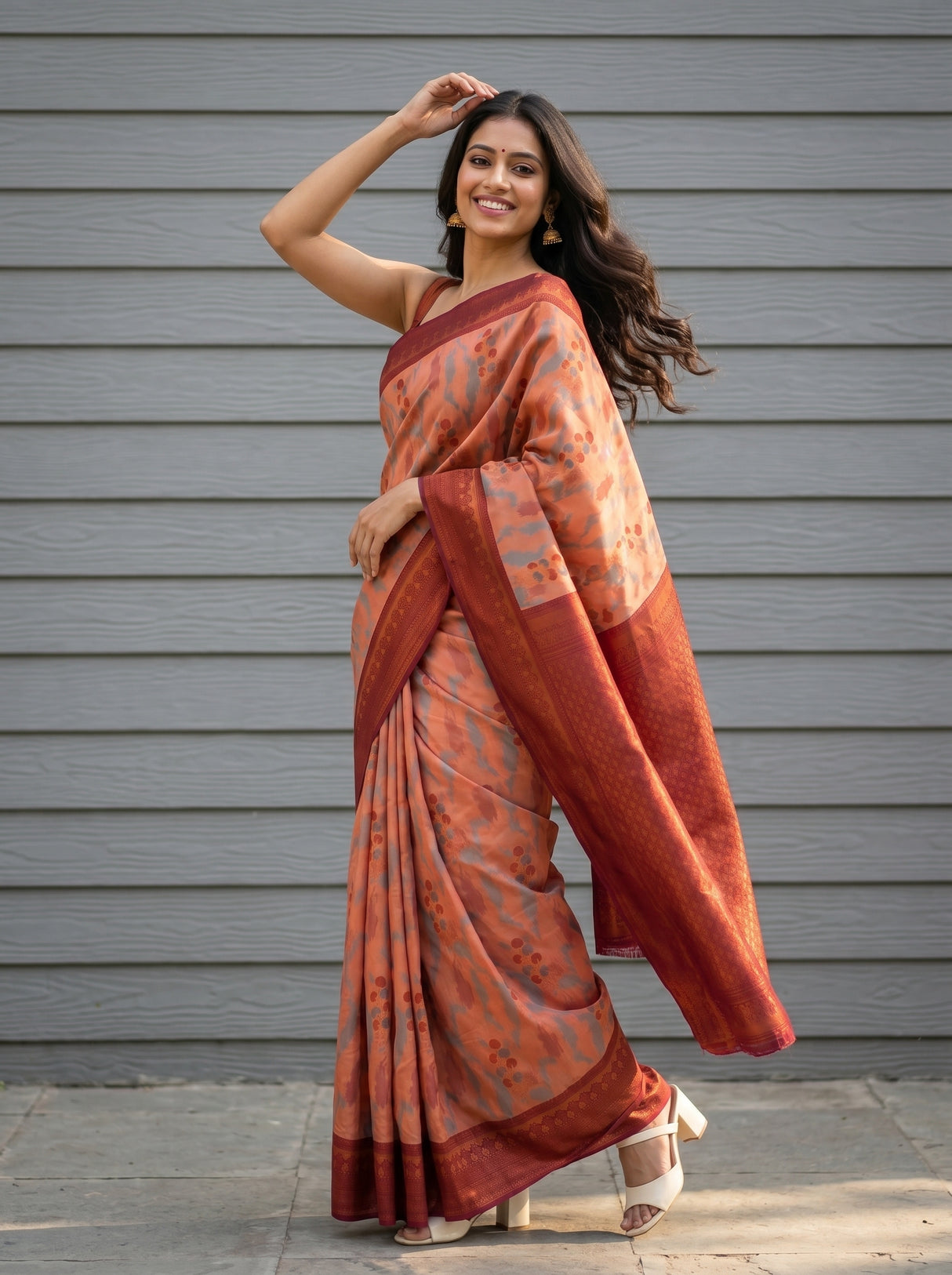 MIMOSA Peach Pochampally Art Silk Saree — Plant pots and wall detail