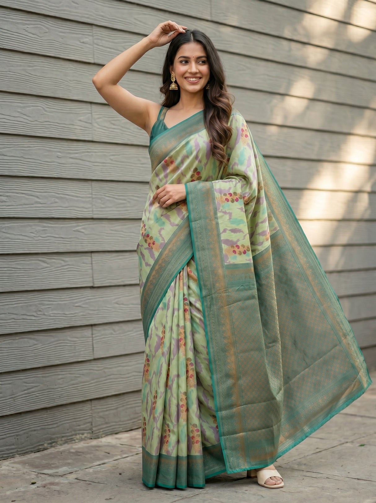 MIMOSA Pista Pochampally Art Silk Saree — Saree pleats and border detail