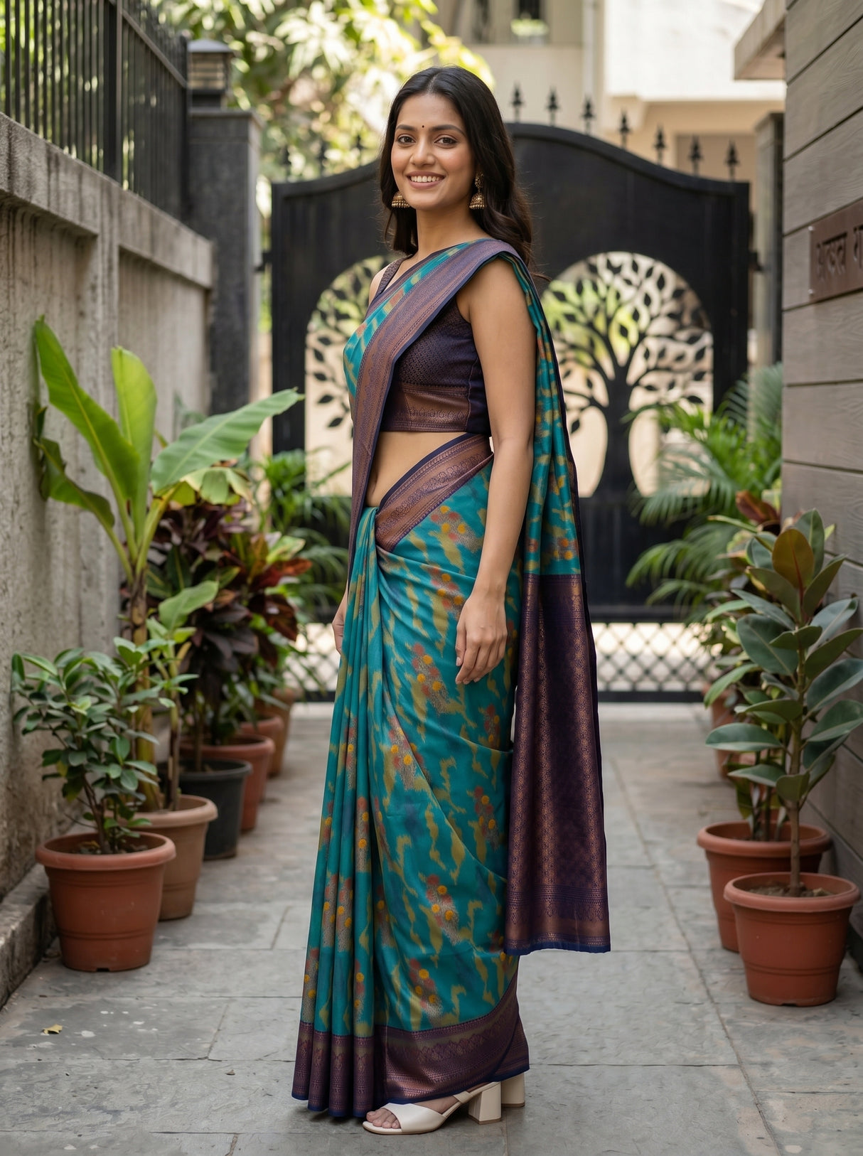 MIMOSA Rama Pochampally Art Silk Saree — Model smiling close-up