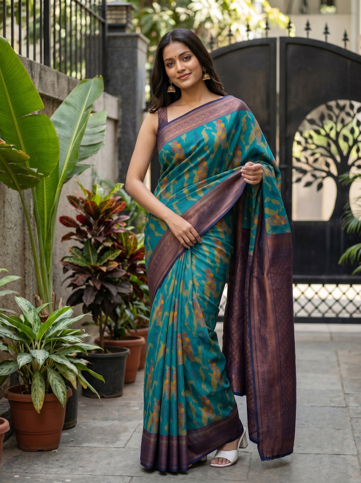 MIMOSA Rama Pochampally Art Silk Saree — Model arm and plant detail