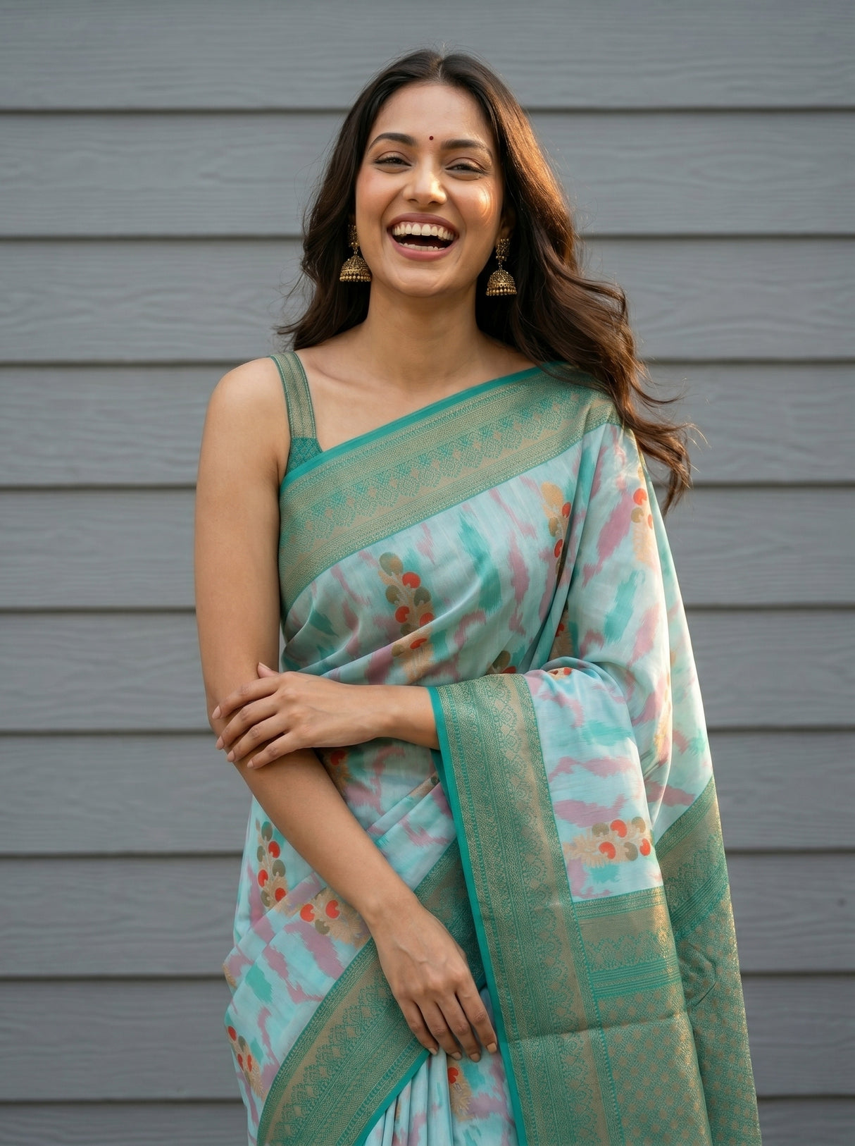 MIMOSA Sapphire Pochampally Art Silk Saree — Saree pallu flowing detail