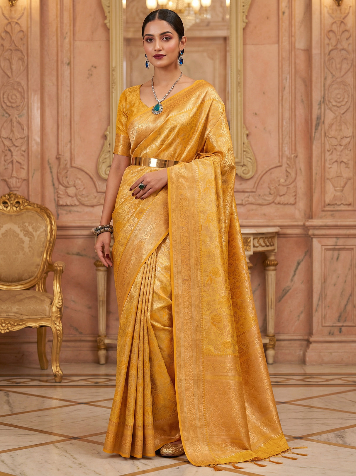 MIMOSA Mustard Kanjivaram Art Silk Saree β Unstitched Blouse Piece