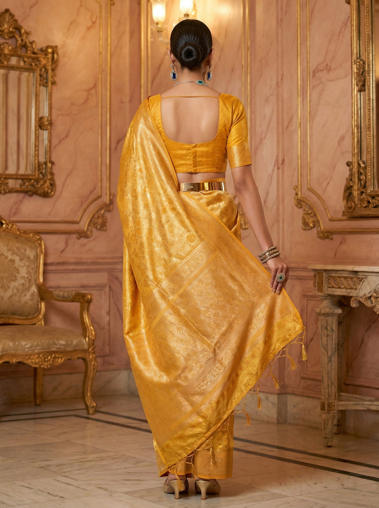 MIMOSA Mustard Kanjivaram Art Silk Saree β Lifestyle View