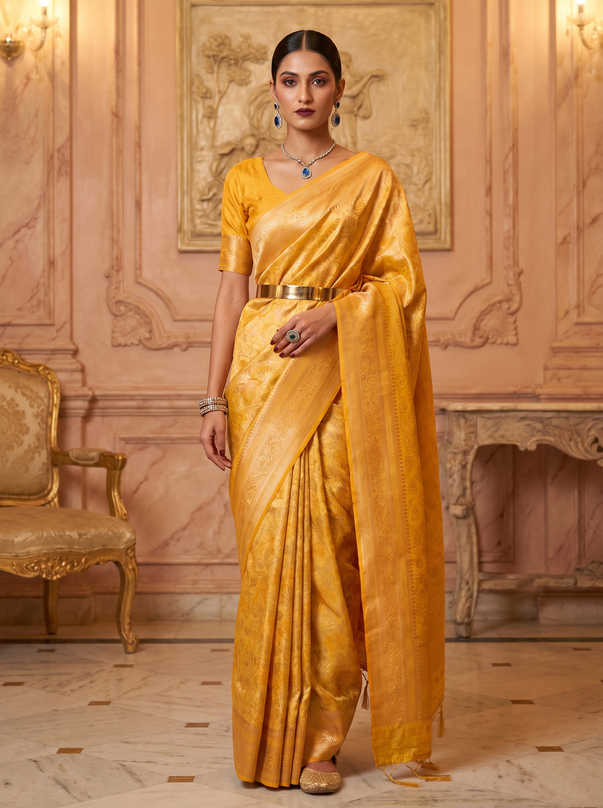 MIMOSA Mustard Kanjivaram Art Silk Saree β pose 5 styling detail