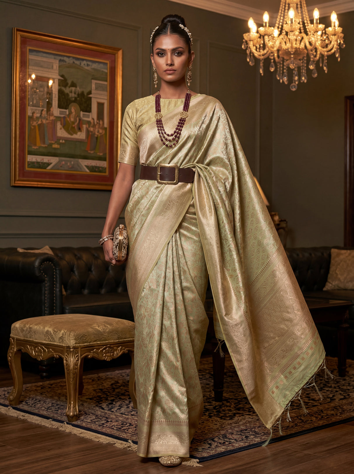 MIMOSA Olive Kanjivaram Art Silk Saree β pose 6 styling detail