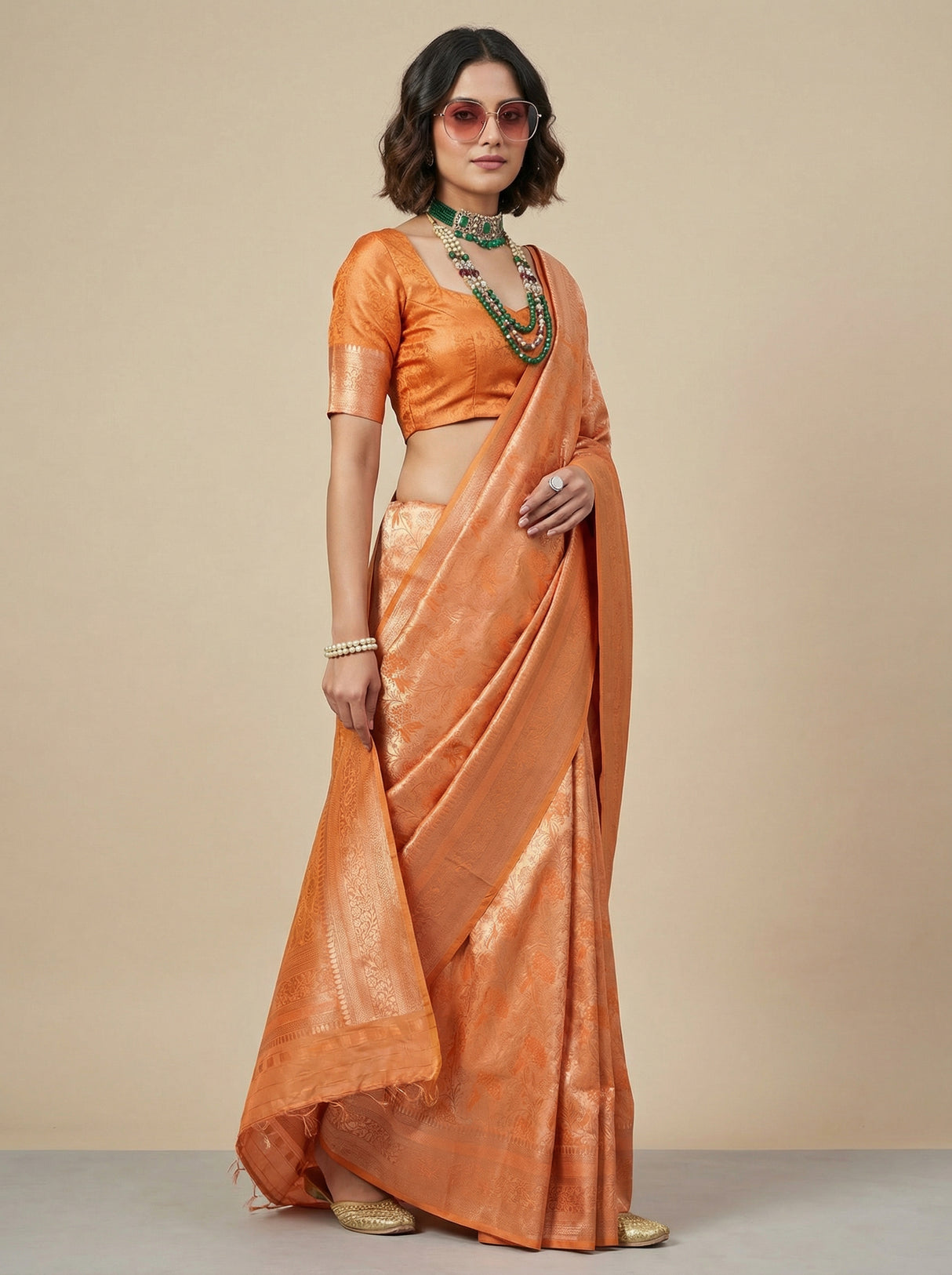 MIMOSA Orange Kanjivaram Art Silk Saree β Full View on Mannequin