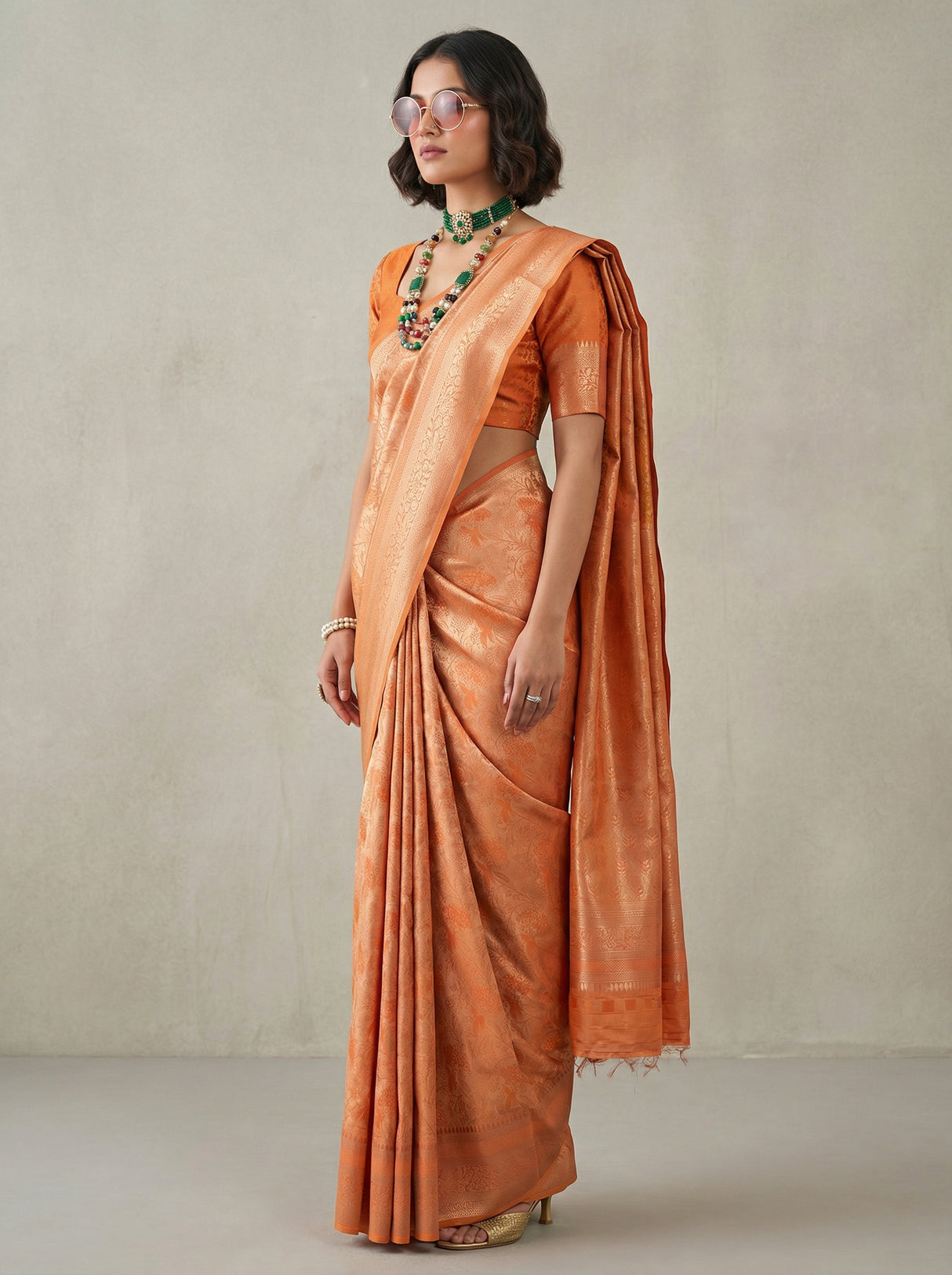 MIMOSA Orange Kanjivaram Art Silk Saree β Lifestyle View