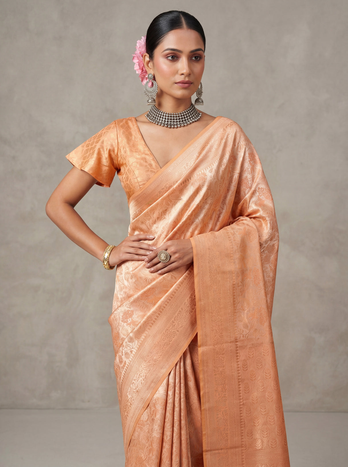 MIMOSA Peach Kanjivaram Art Silk Saree β Pallu and Border Detail