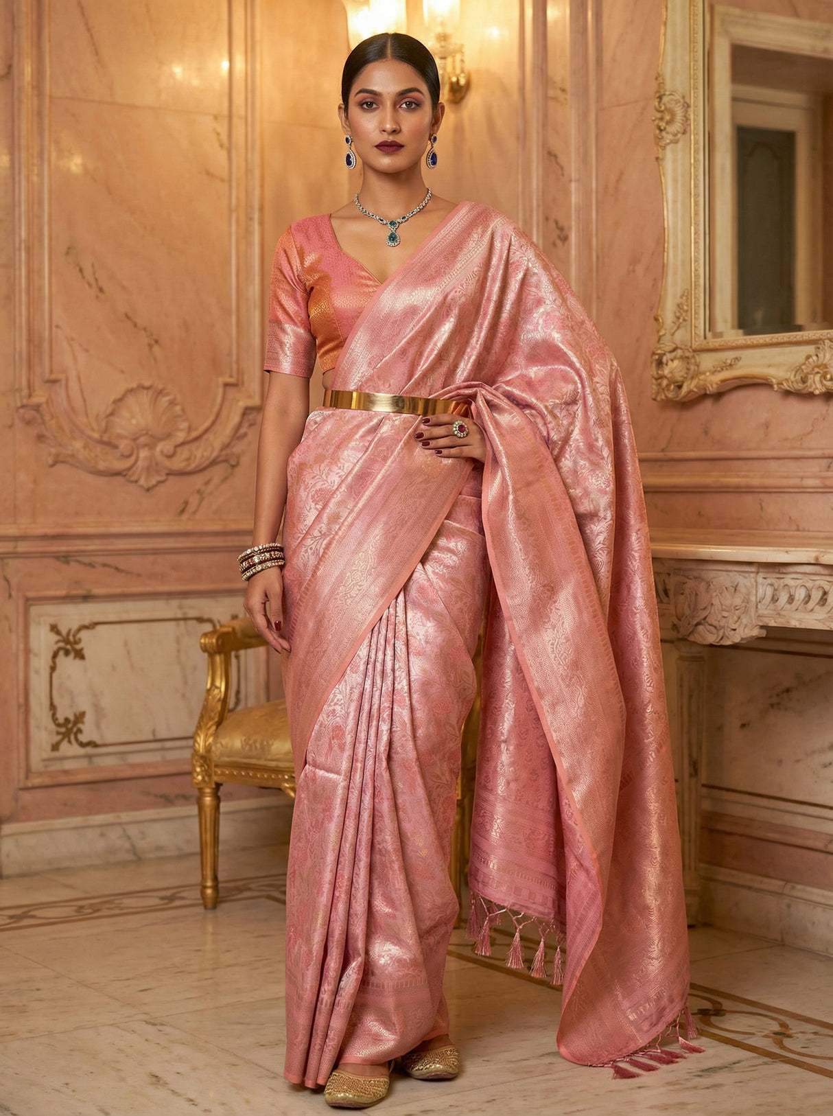 MIMOSA Pink Kanjivaram Art Silk Saree β pose 5 styling detail