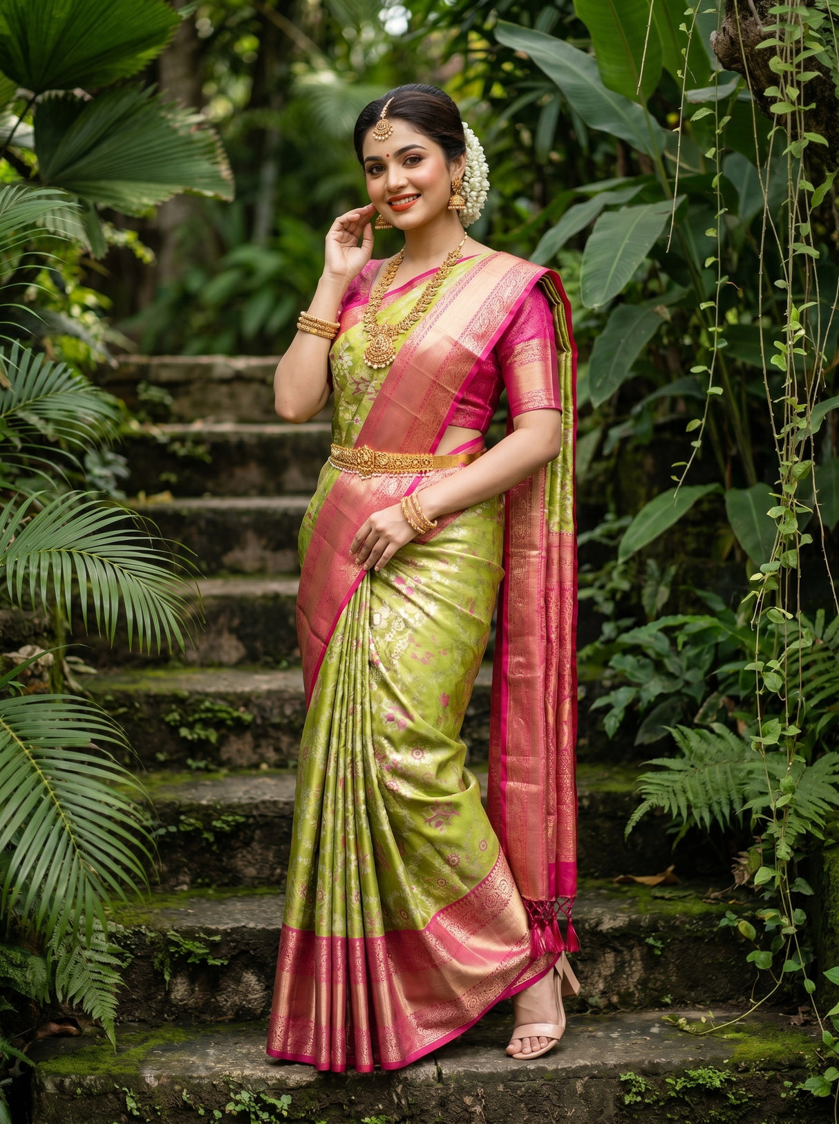 MIMOSA Green Kanjivaram Art Silk Saree β pose 4 styling detail