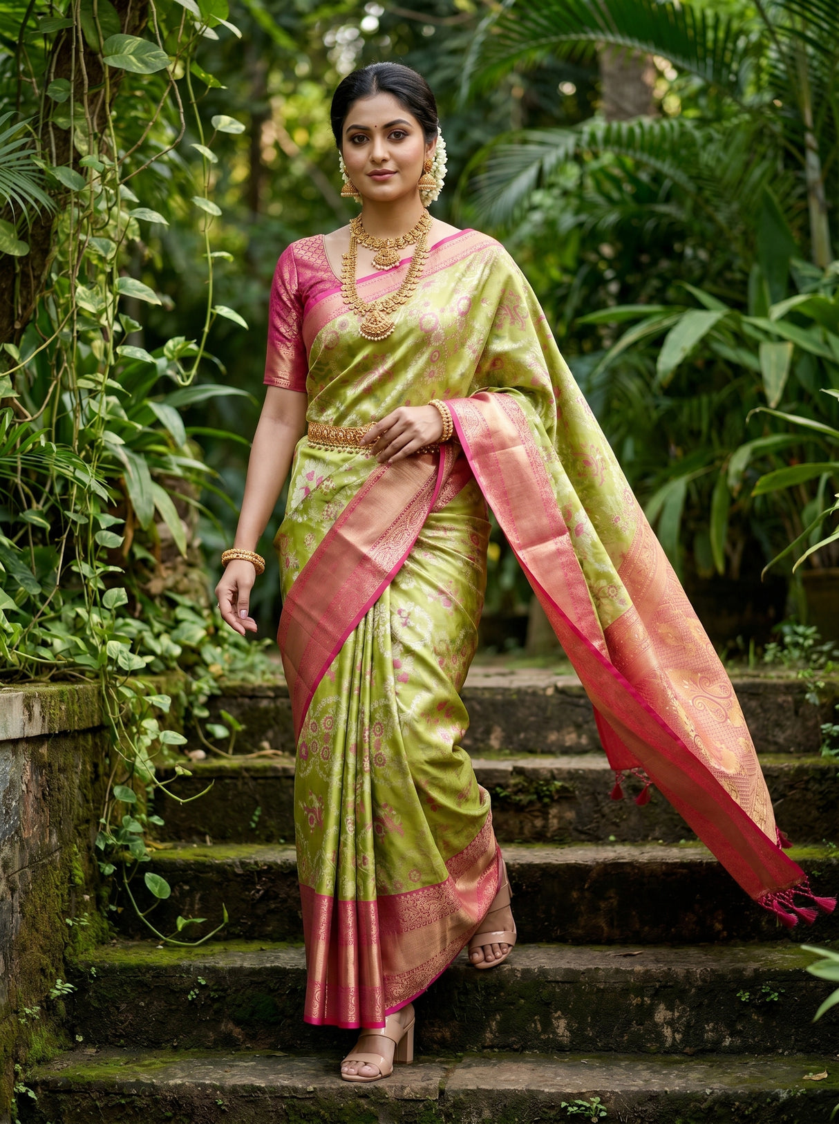 MIMOSA Green Kanjivaram Art Silk Saree β pose 6 styling detail