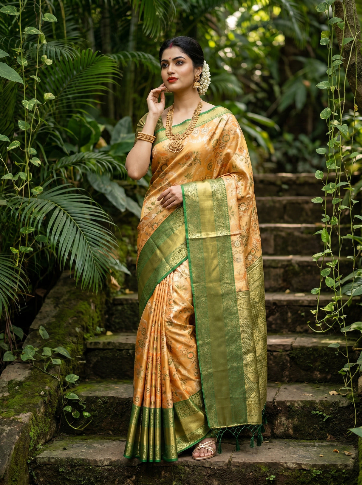 MIMOSA Orange Kanjivaram Art Silk Saree β pose 4 styling detail