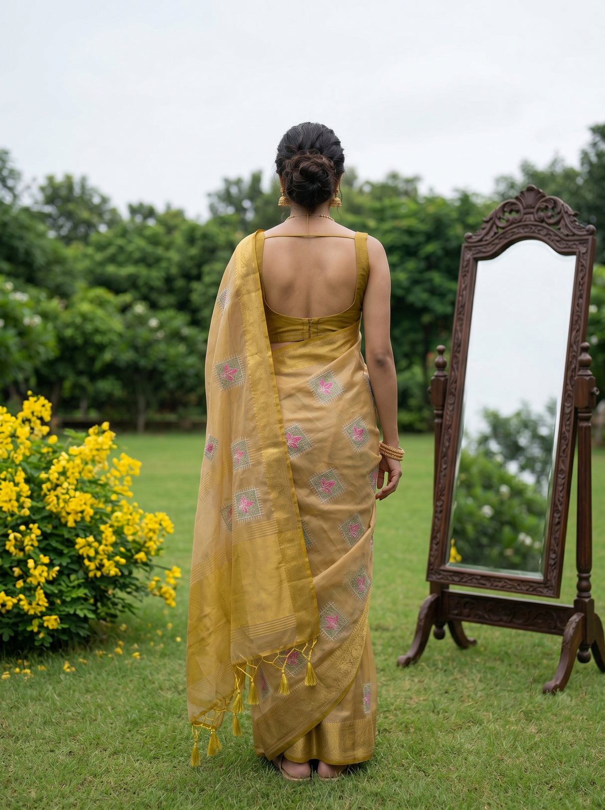 MIMOSA Mustard Saree Saree — pose 2 styling detail