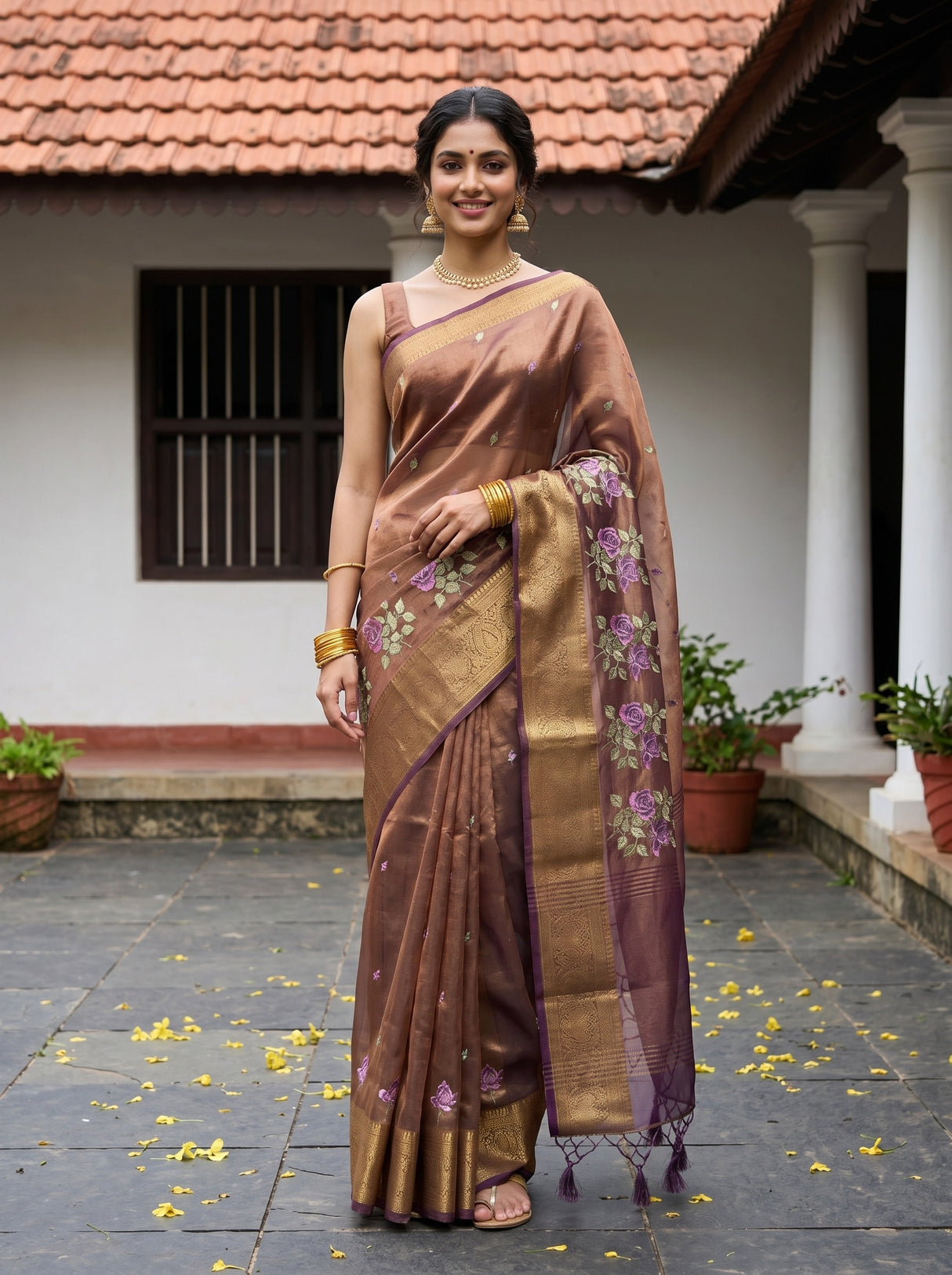 MIMOSA Chocolate Banarasi Organza Saree — AI Model lifestyle pose 1
