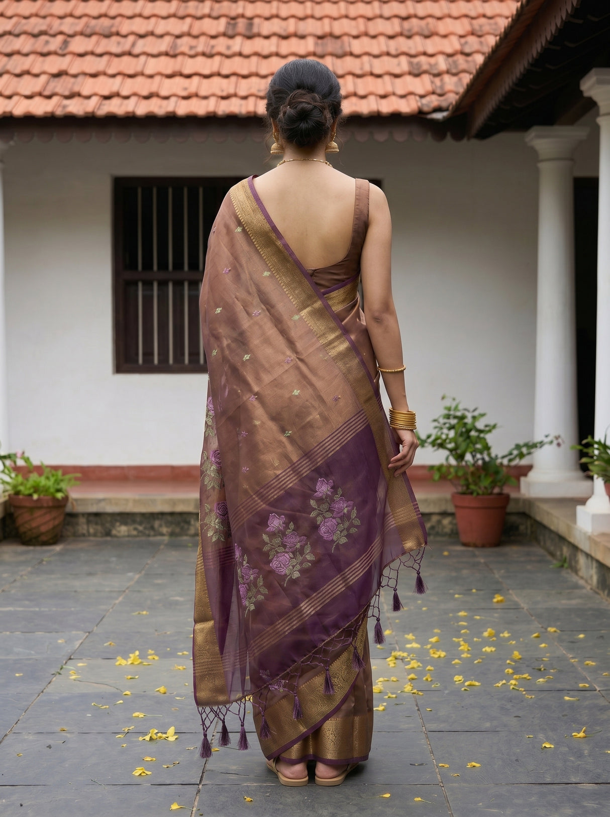 MIMOSA Chocolate Banarasi Organza Saree — pose 2 styling detail