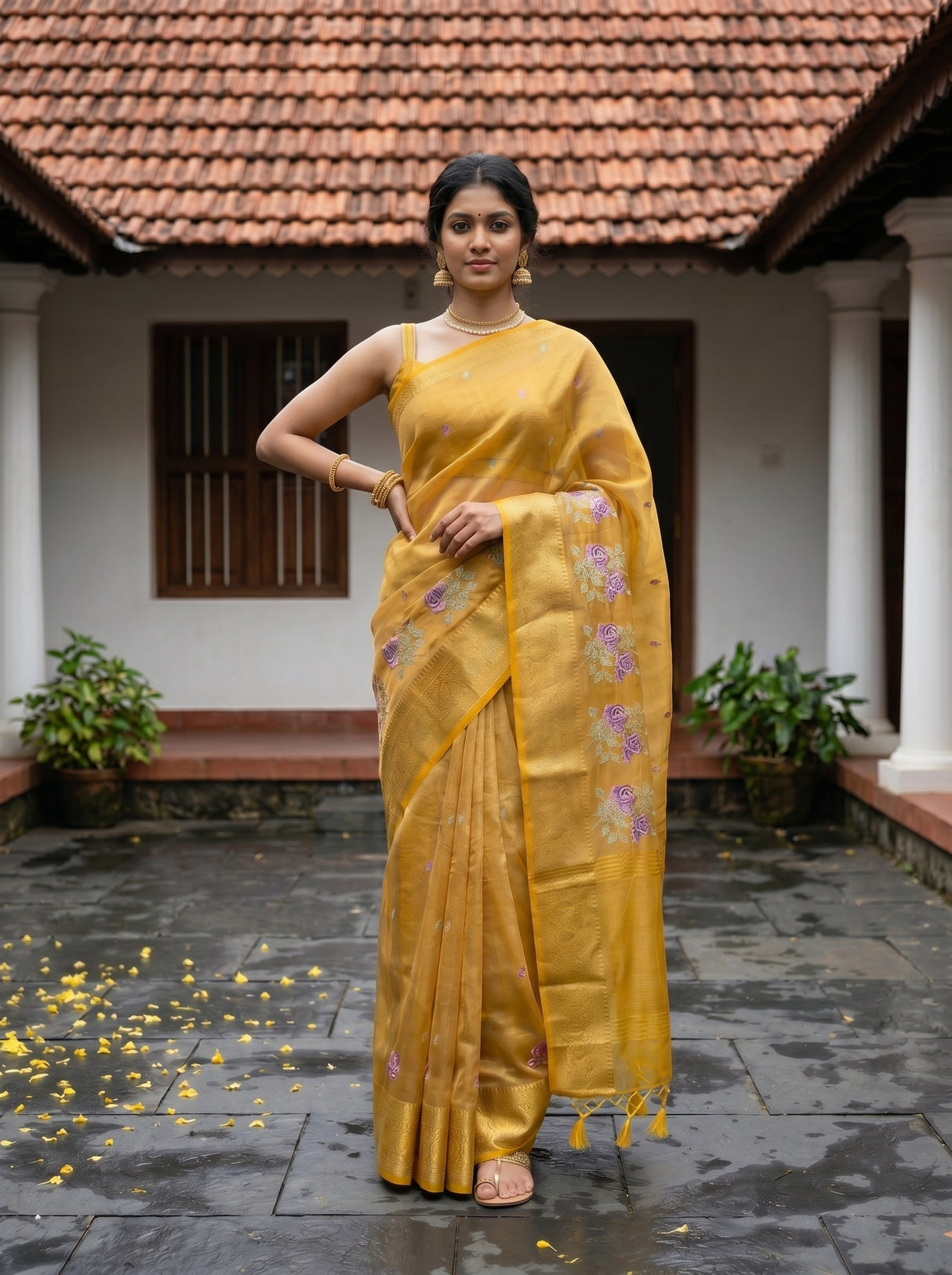 MIMOSA Gold Banarasi Organza Saree — pose 4 styling detail