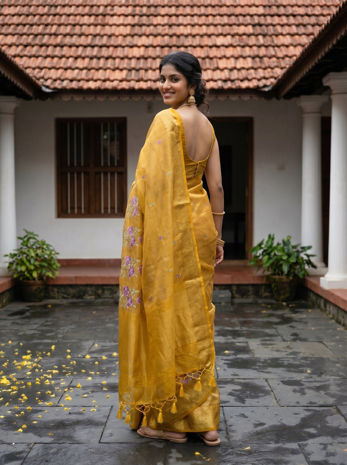 MIMOSA Gold Banarasi Organza Saree — pose 7 styling detail