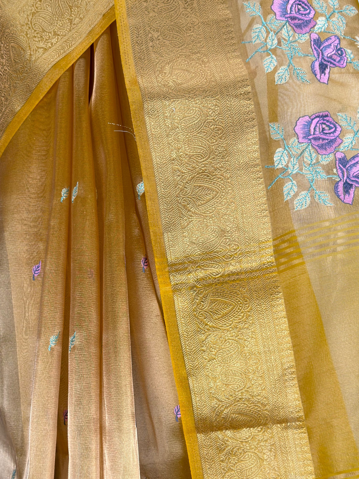 MIMOSA Gold Banarasi Organza Saree — fleets shot full lifestyle
