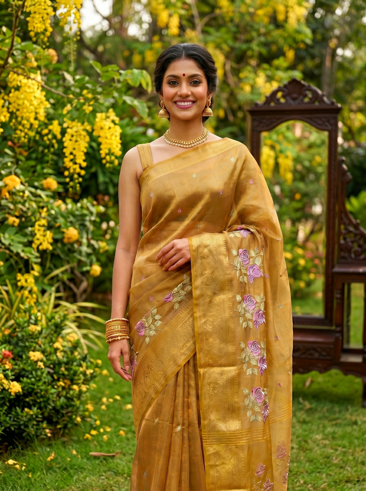 MIMOSA Mustard Banarasi Organza Saree — pose 10 styling detail