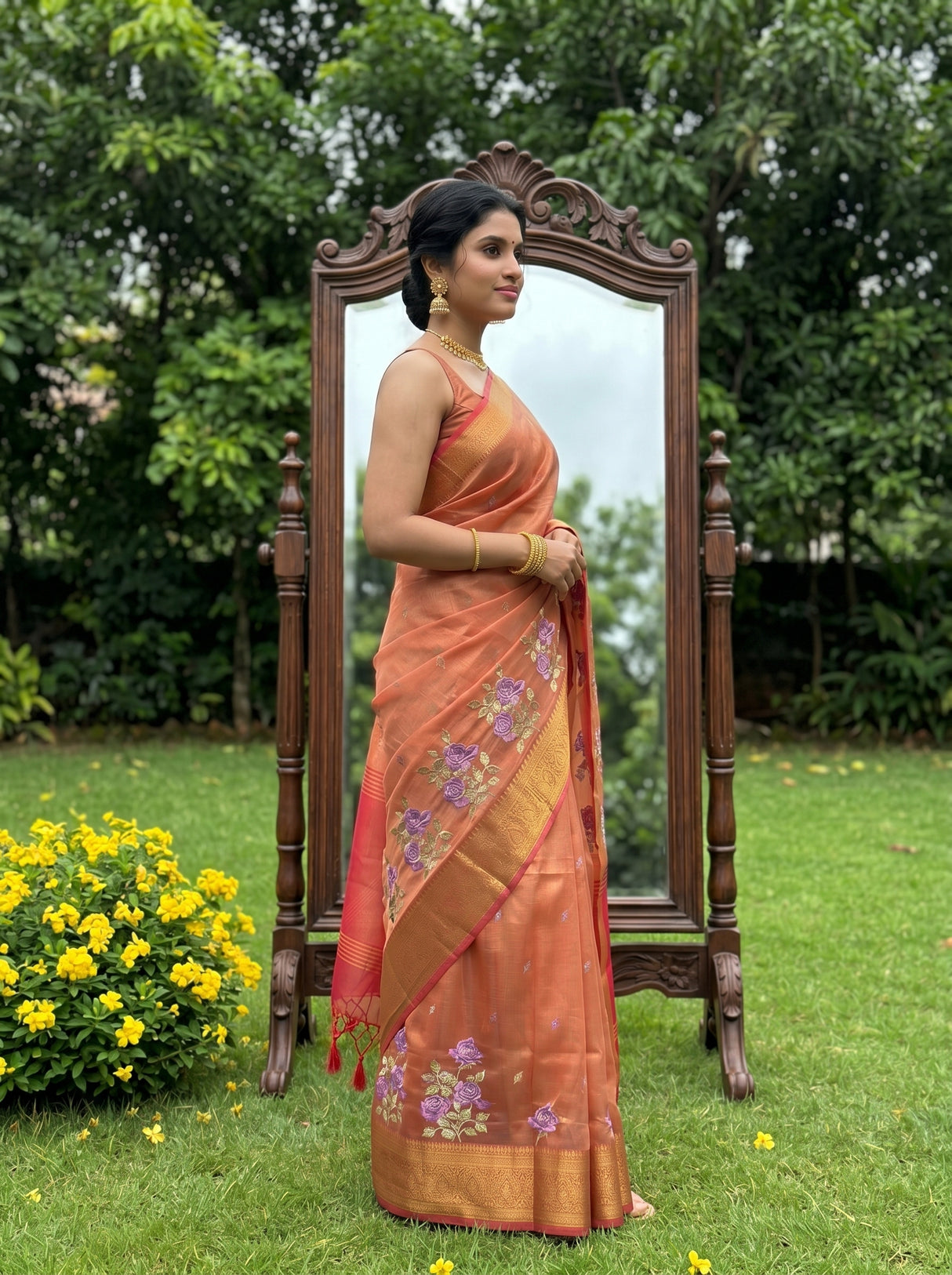 MIMOSA Strawberry Banarasi Organza Saree — pose 3 styling detail