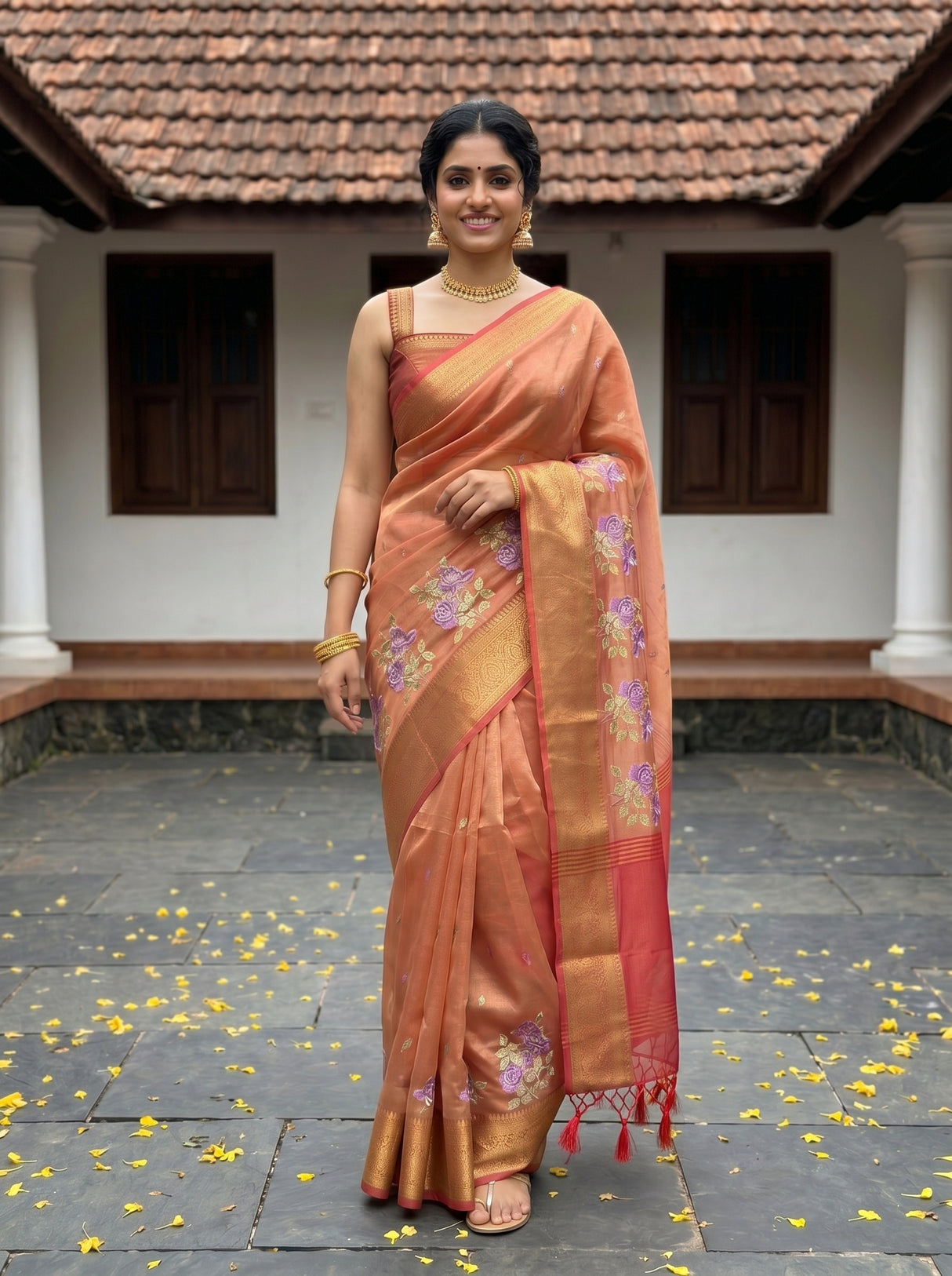 MIMOSA Strawberry Banarasi Organza Saree — pose 6 styling detail