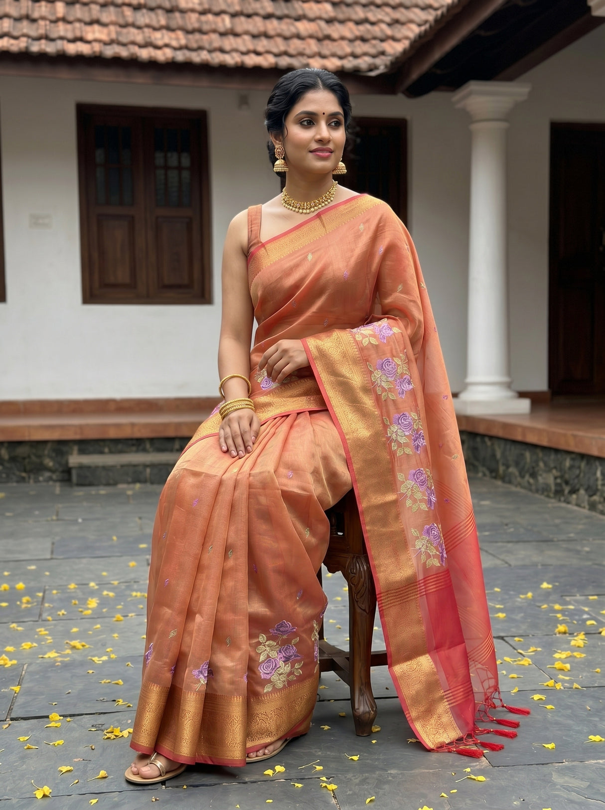 MIMOSA Strawberry Banarasi Organza Saree — pose 8 styling detail