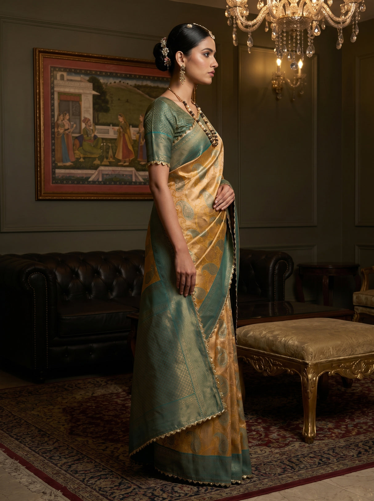 MIMOSA Gold Kanjivaram Saree with Ananda Border β Full View on Model