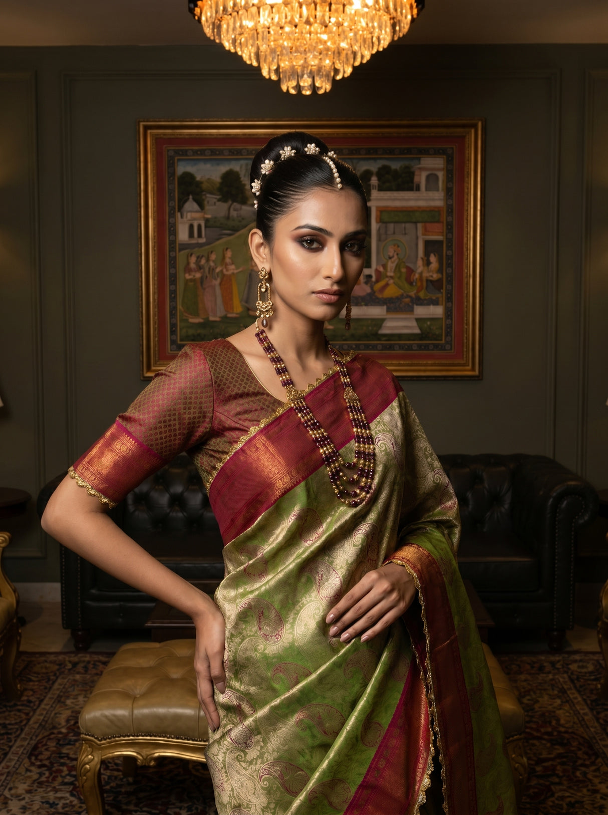 MIMOSA Olive Kanjivaram Art Silk Saree β pose 10 styling detail