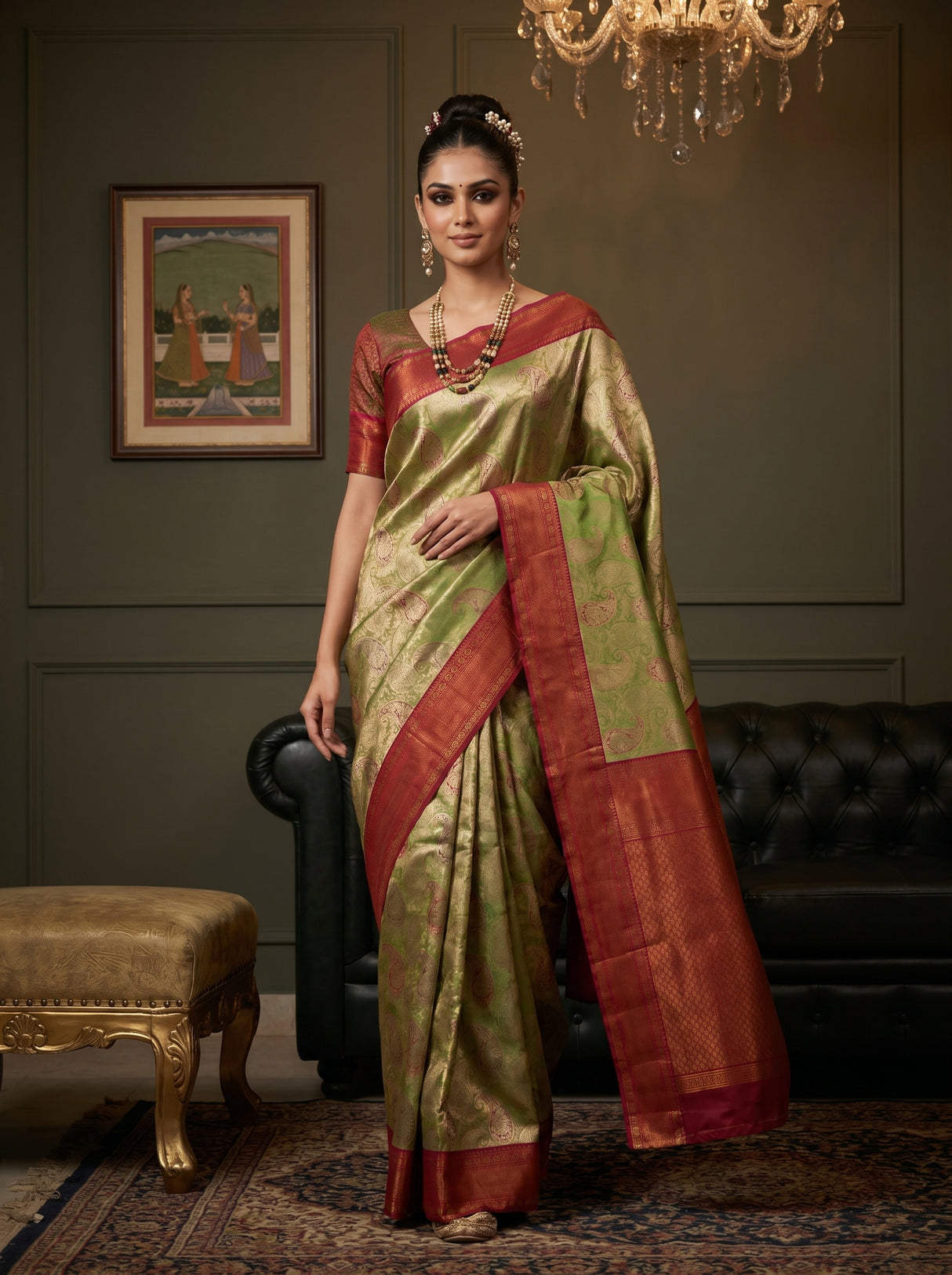 MIMOSA Olive Kanjivaram Art Silk Saree β pose 6 styling detail