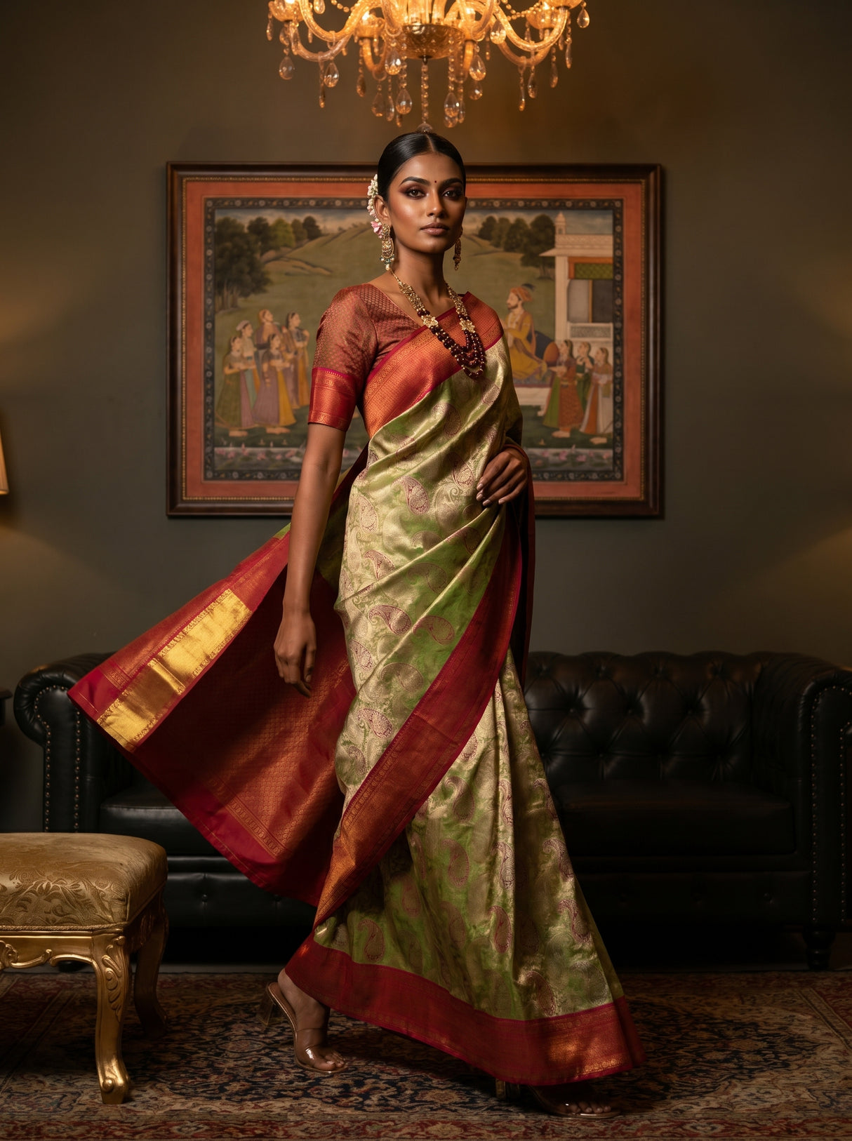 MIMOSA Olive Kanjivaram Art Silk Saree β pose 7 styling detail