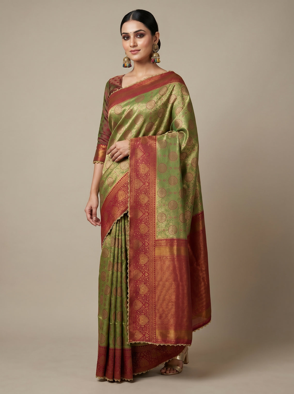 MIMOSA Olive Kanjivaram Art Silk Saree β Full View on Model