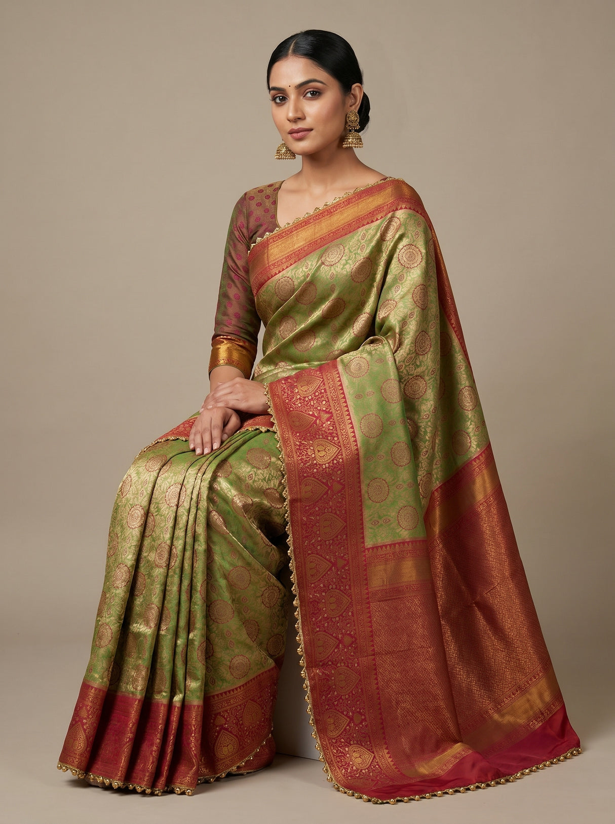 MIMOSA Olive Kanjivaram Art Silk Saree β pose 8 styling detail