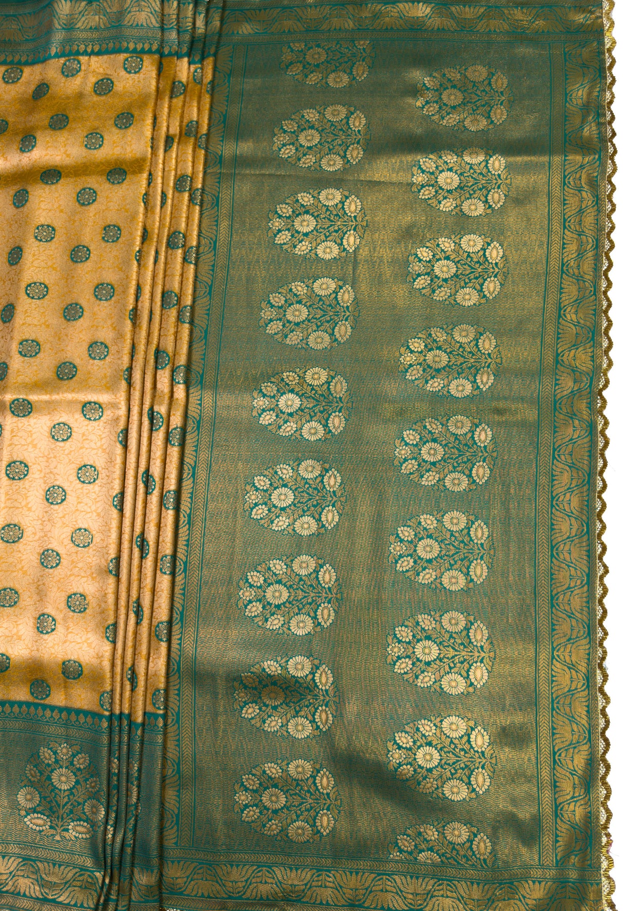 MIMOSA Gold Kanjivaram Art Silk Saree β side view showing border and pleats