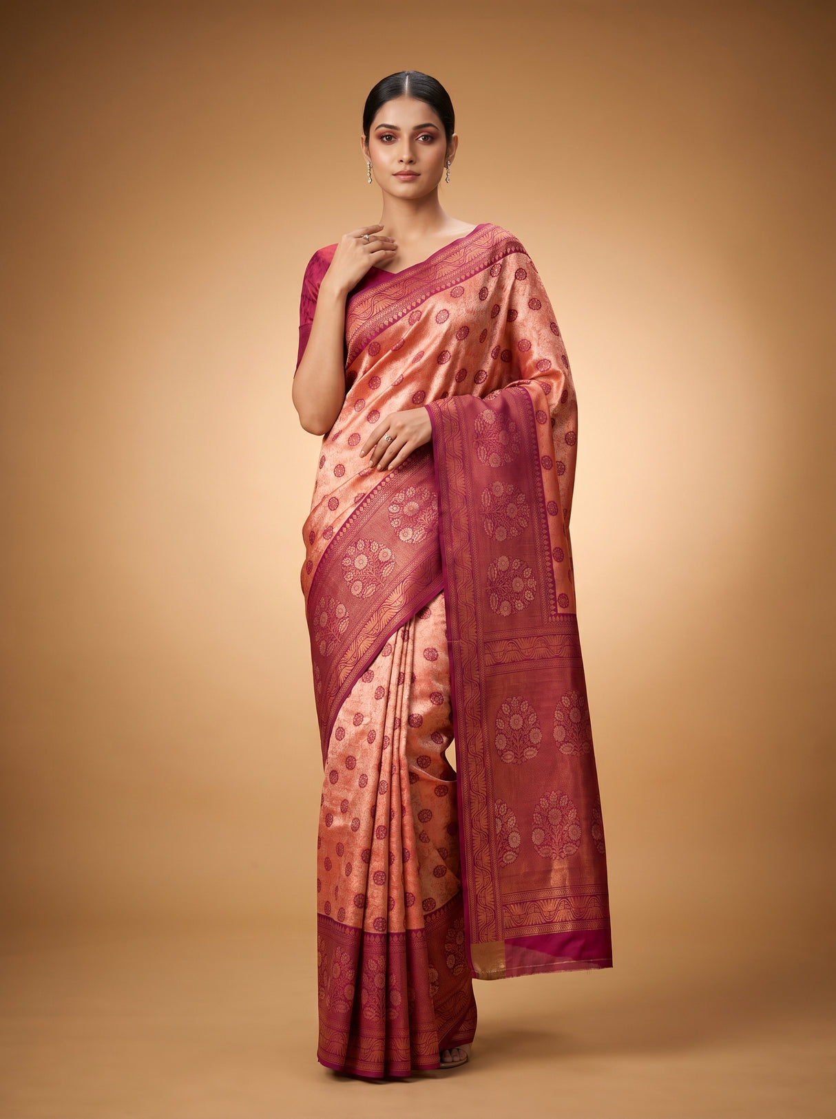 MIMOSA Peach Kanjivaram Art Silk Saree β full view on model
