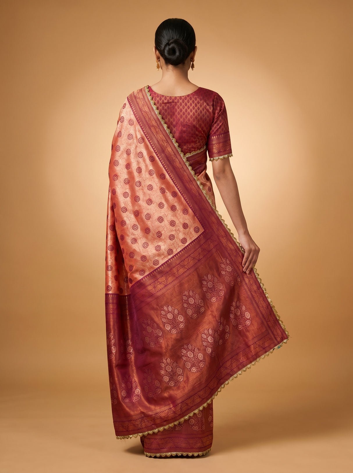 MIMOSA Peach Kanjivaram Art Silk Saree β close-up of face and shoulder