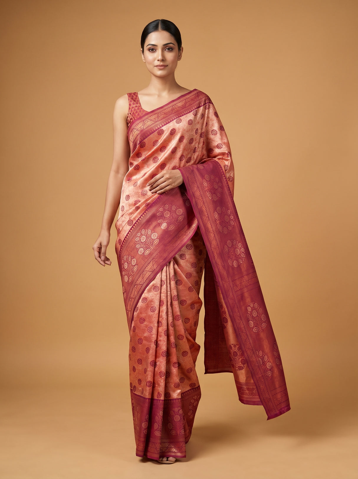 MIMOSA Peach Kanjivaram Art Silk Saree β mid-section showing border and hand