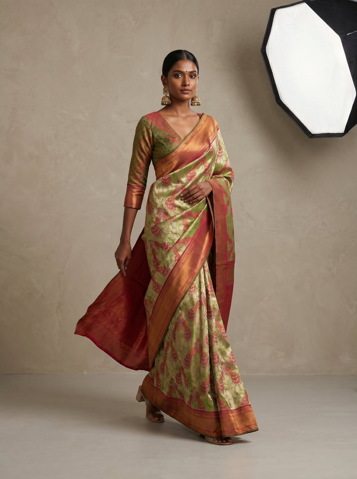 MIMOSA Olive Kanjivaram Art Silk Saree β pose 7 styling detail