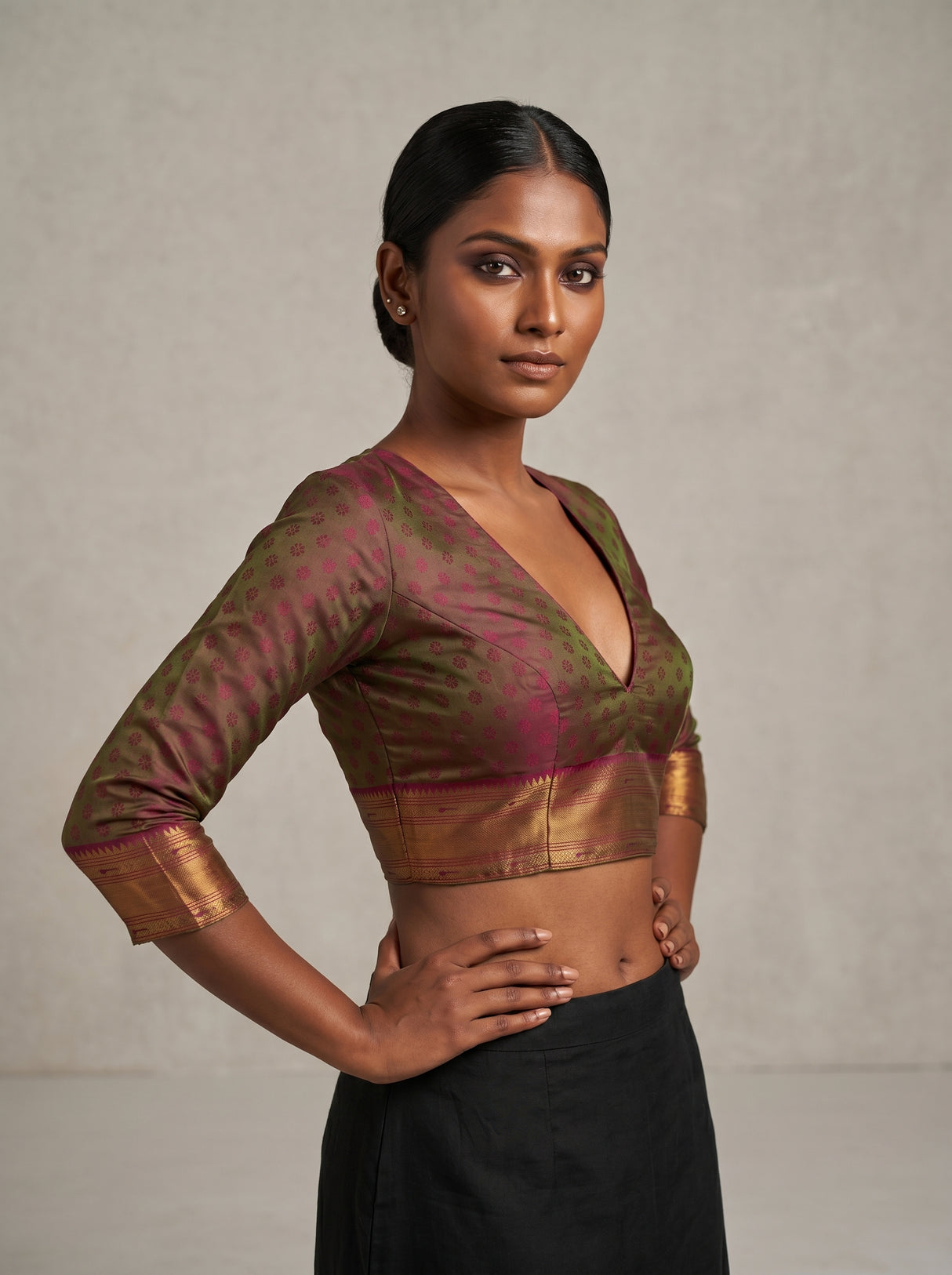 MIMOSA Olive Kanjivaram Art Silk Saree β blouse close-up