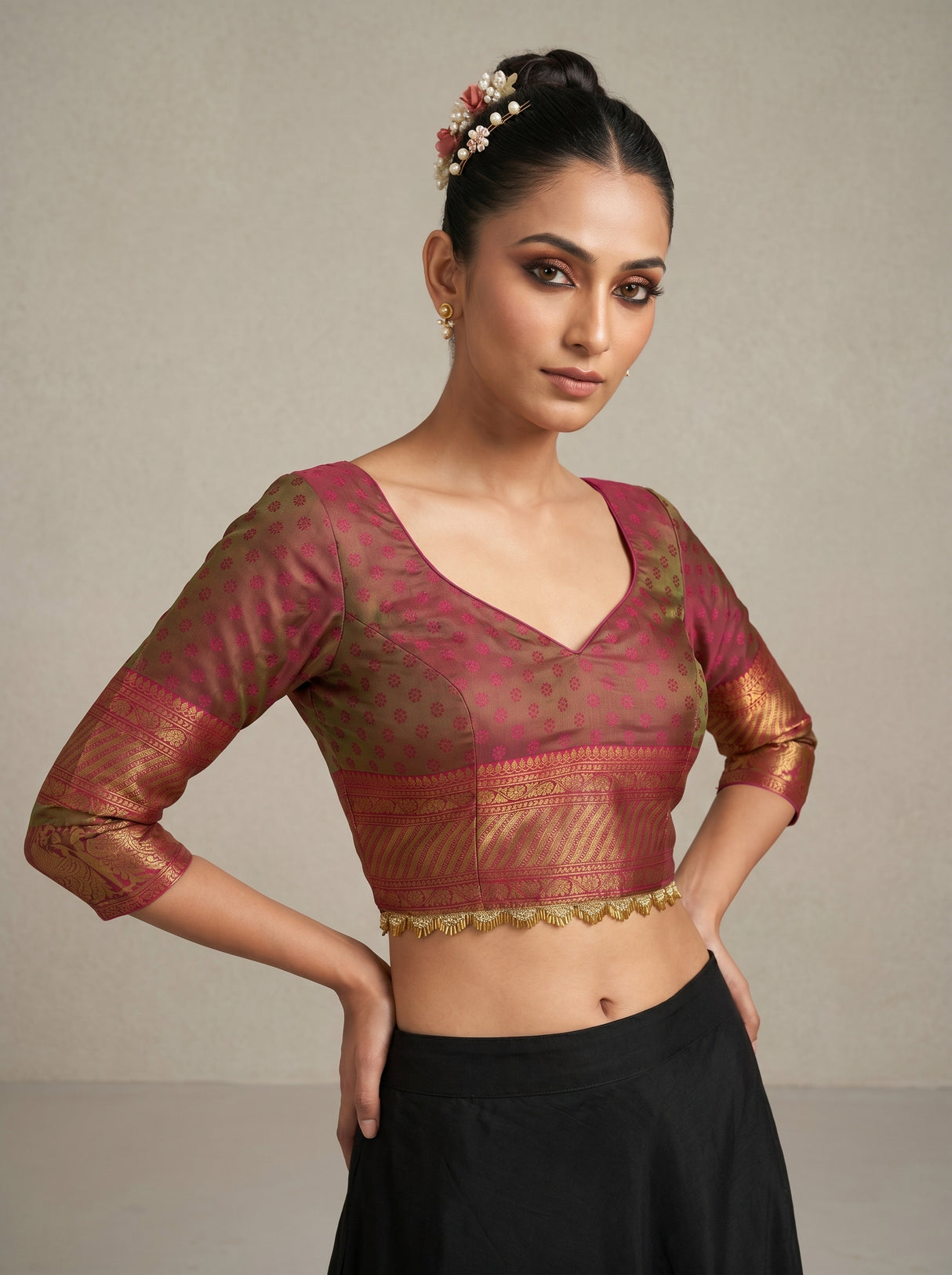 MIMOSA Olive Kanjivaram Art Silk Saree β blouse close-up