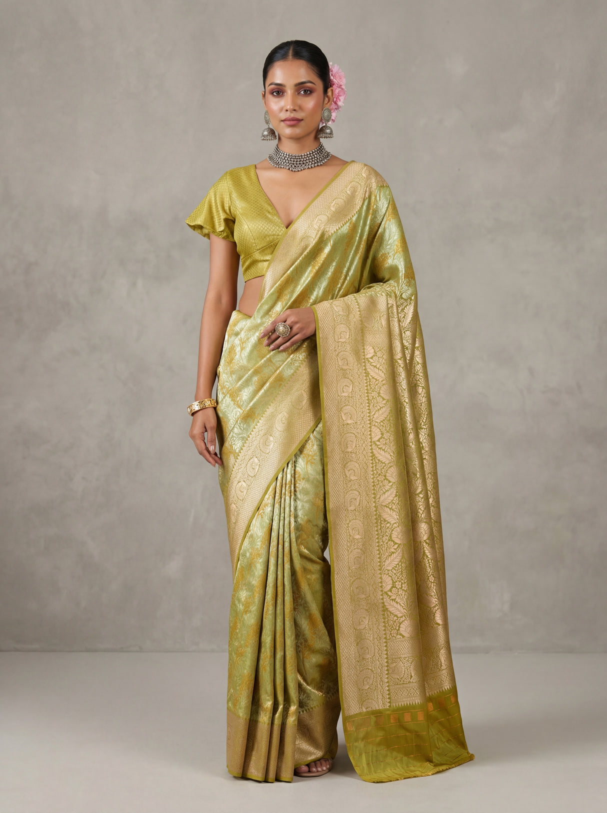 MIMOSA Olive Kanjivaram Art Silk Saree β full view on mannequin