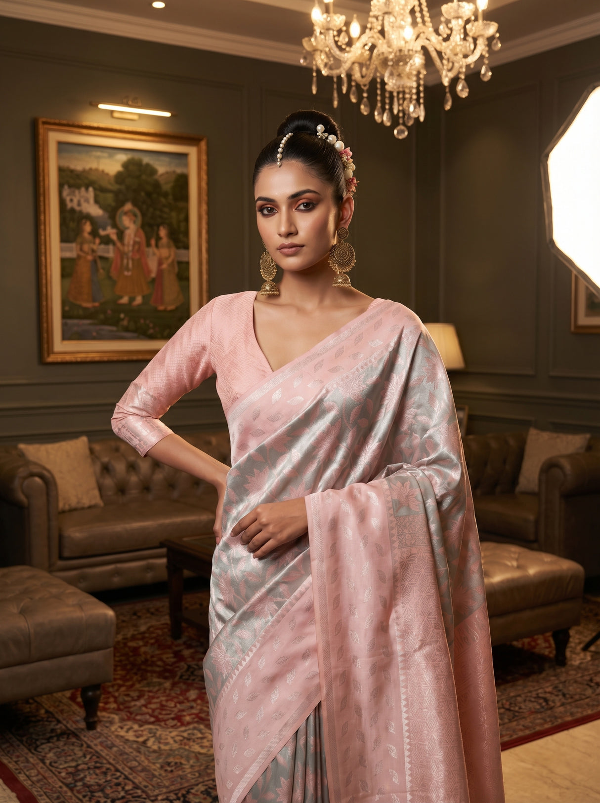 MIMOSA Grey Kanjivaram Art Silk Saree β pose 10 styling detail