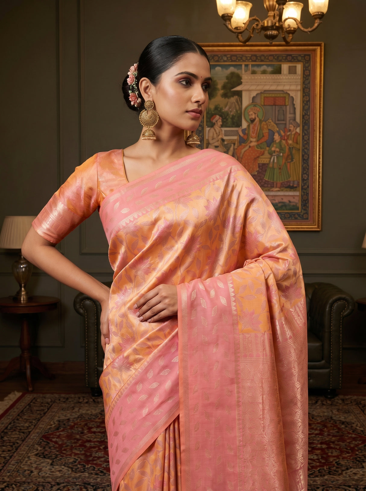 MIMOSA Peach Kanjivaram Art Silk Saree β close-up of pallu and lower drape