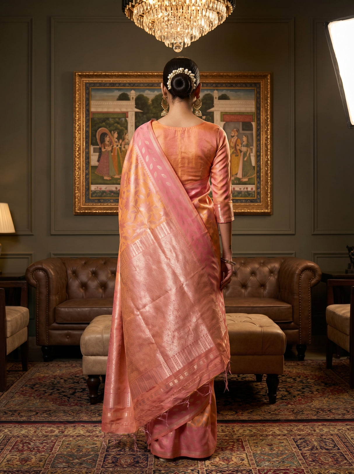 MIMOSA Peach Kanjivaram Art Silk Saree β close-up of face and chandelier